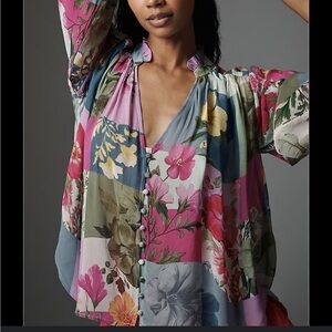 Anthropologie Pink and Blue Floral Blouse